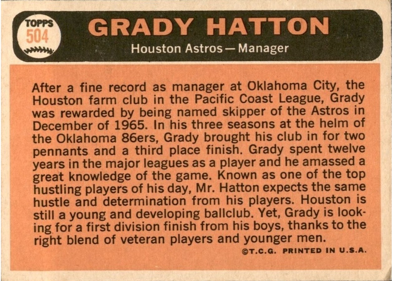 1966 Topps #504 Grady Hatton card back