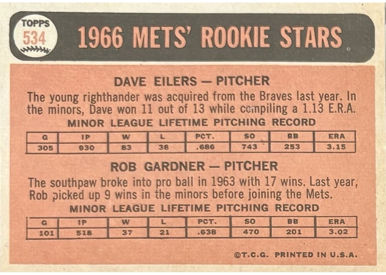 1966 Topps #534 Mets 1966 Rookie Stars card back