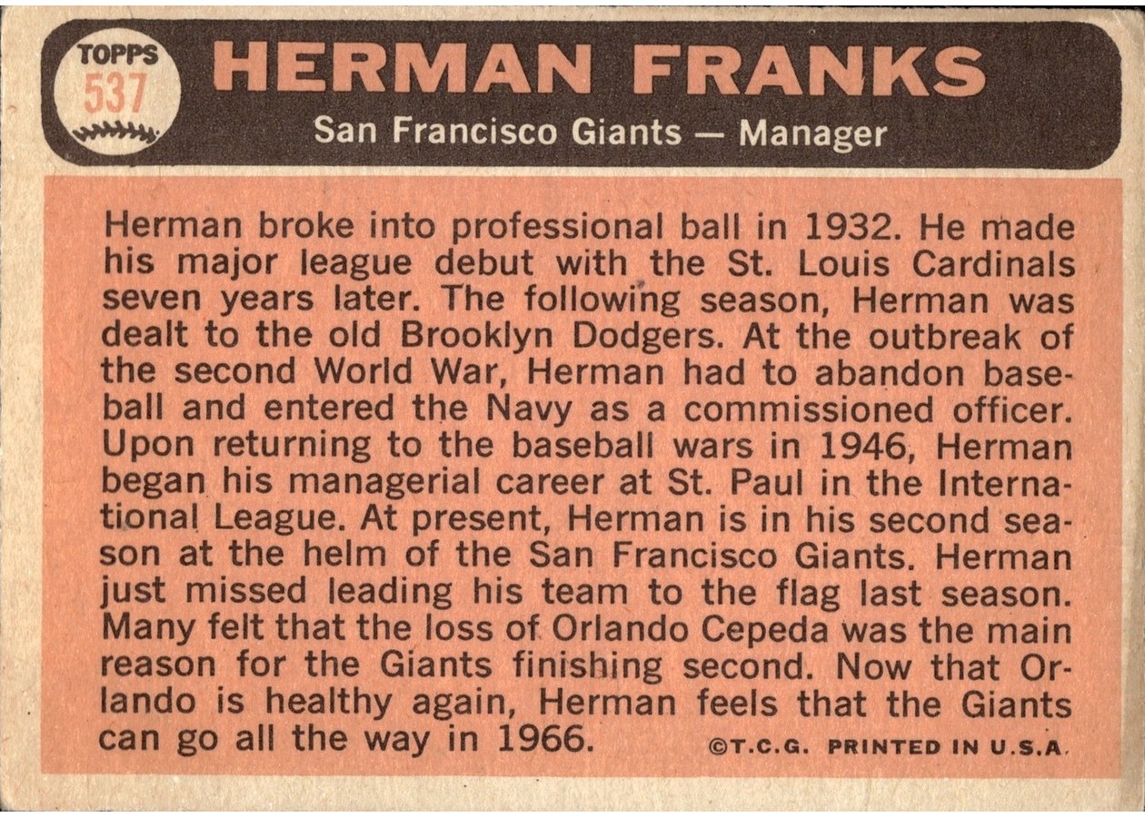 1966 Topps #537 Herman Franks card back