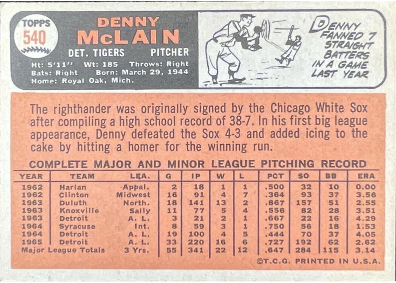 1966 Topps #540 Denny McLain card back