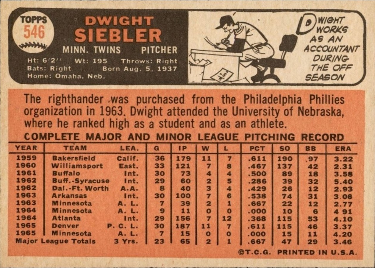 1966 Topps #546 Dwight Siebler card back