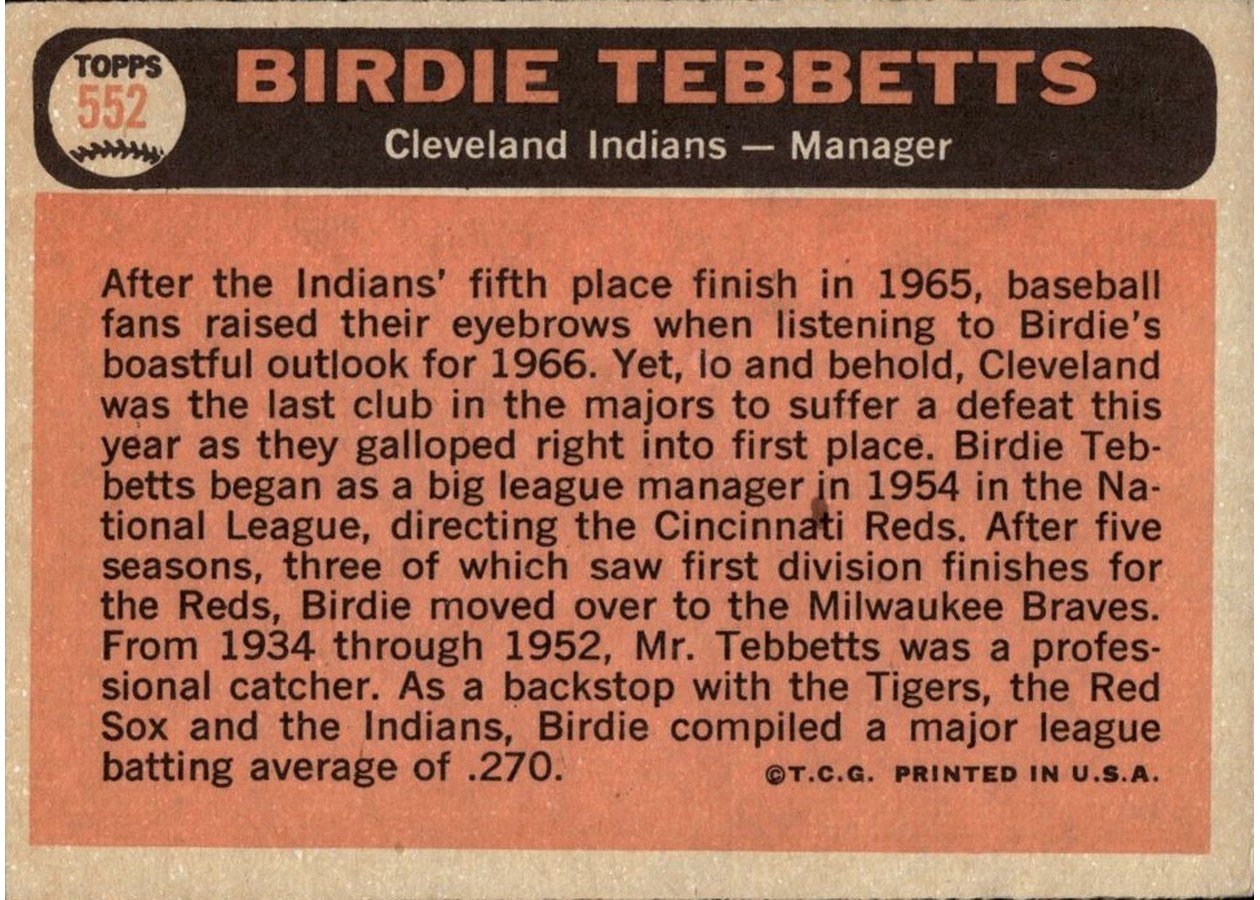 1966 Topps #552 Birdie Tebbetts card back