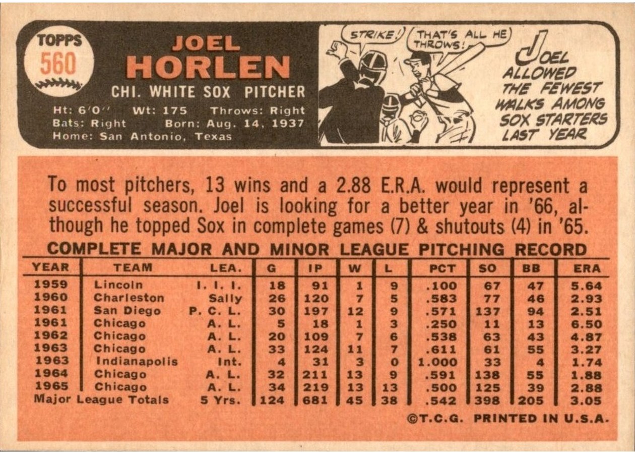 1966 Topps #560 Joel Horlen card back