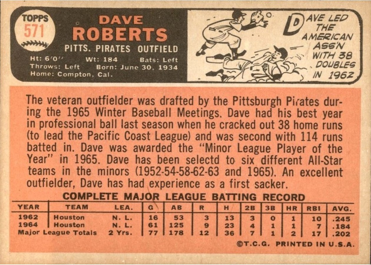 1966 Topps #571 Dave Roberts card back