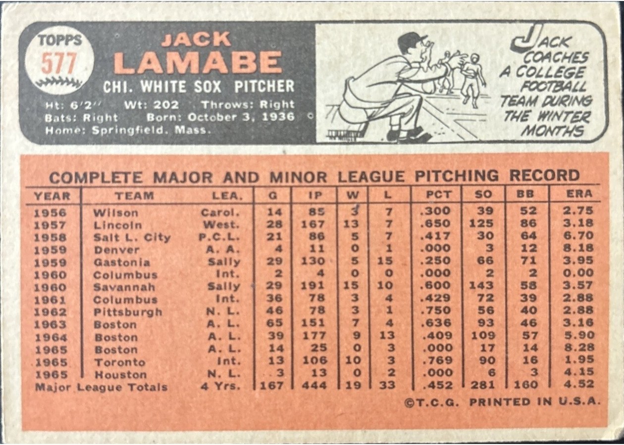 1966 Topps #577 Jack Lamabe card back