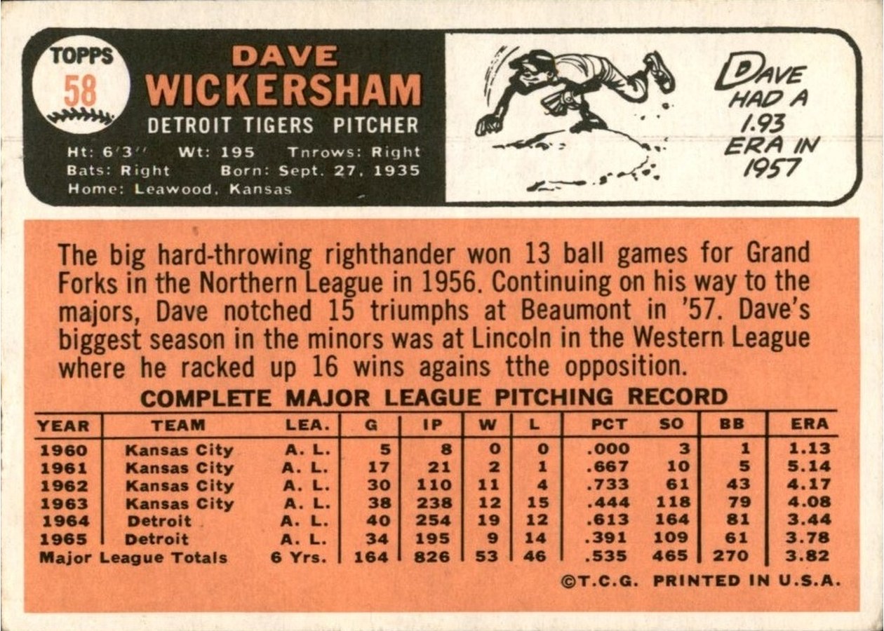 1966 Topps #58 Dave Wickersham card back