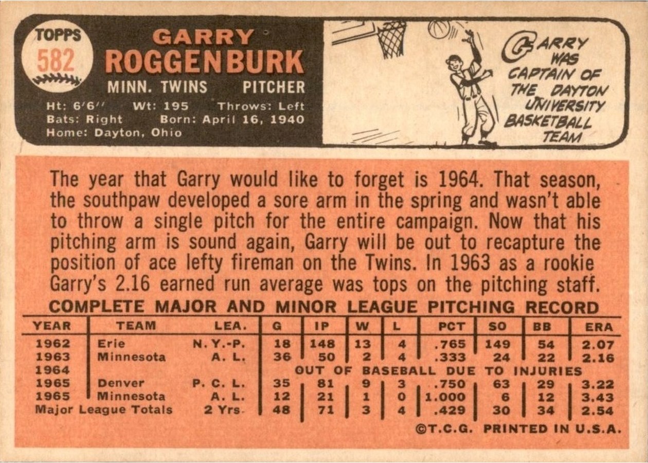 1966 Topps #582 Garry Roggenburk card back