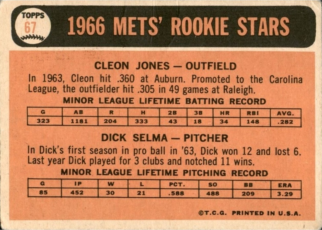 1966 Topps #67 Mets 1966 Rookie Stars card back