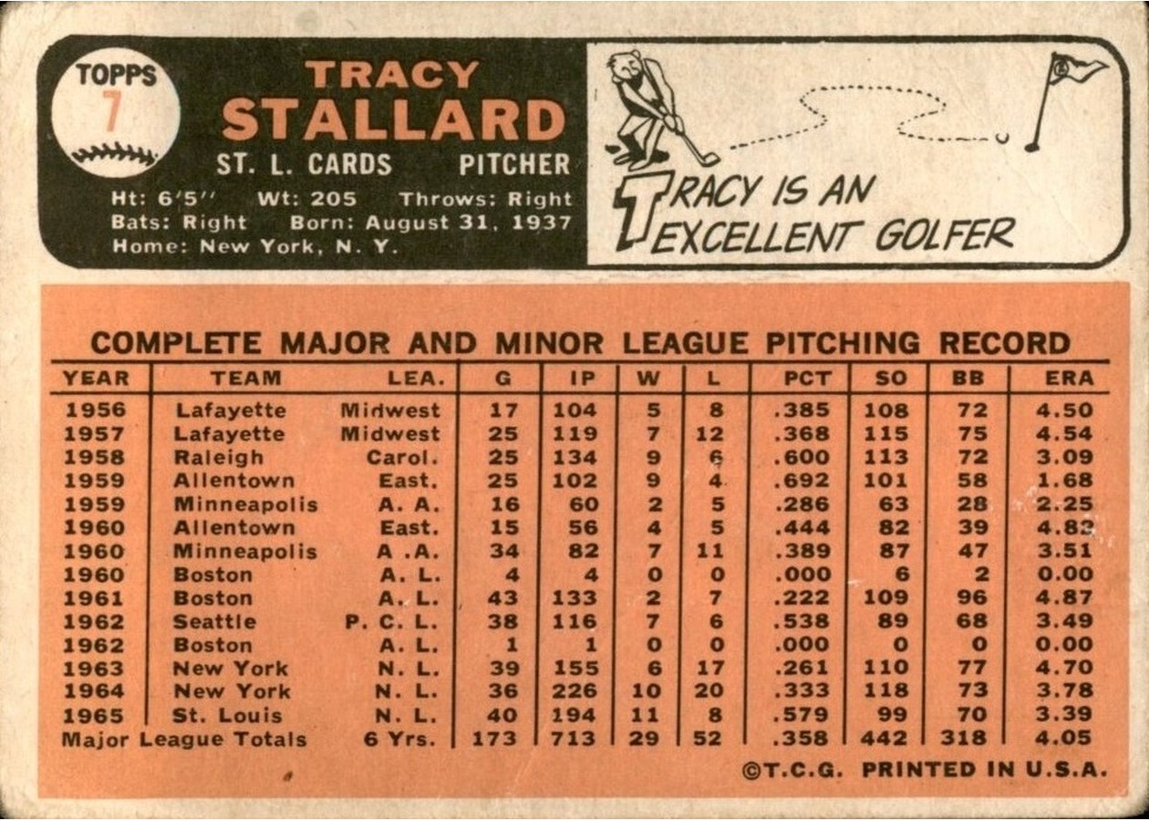 1966 Topps #7 Tracy Stallard card back