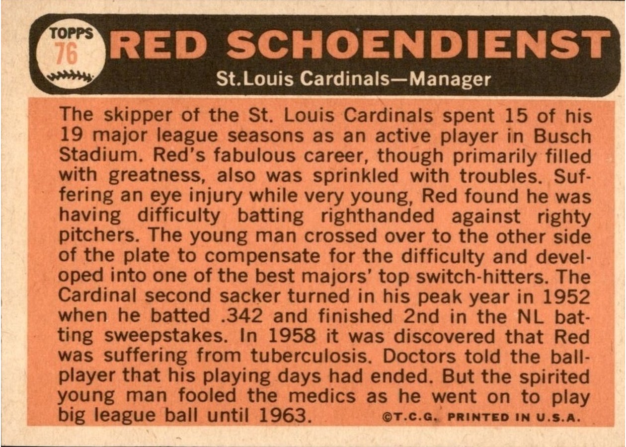 1966 Topps #76 Red Schoendienst card back