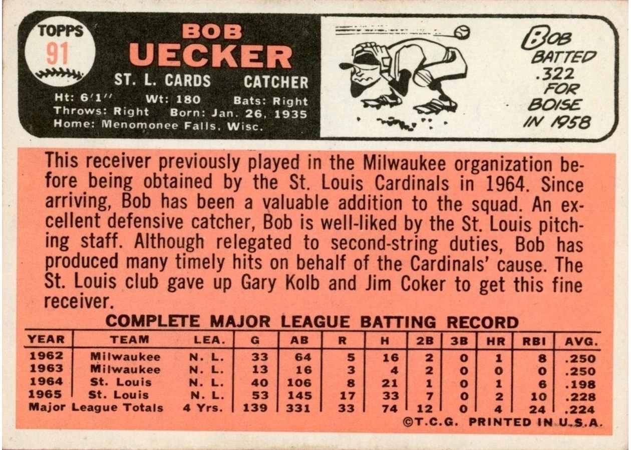 1966 Topps #91 Bob Uecker card back