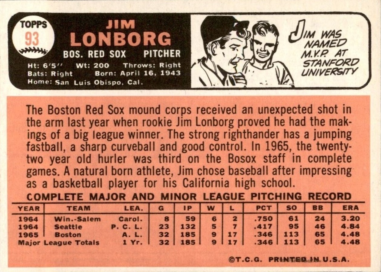 1966 Topps #93 Jim Lonborg card back