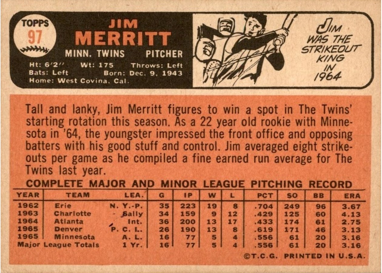 1966 Topps #97 Jim Merritt card back