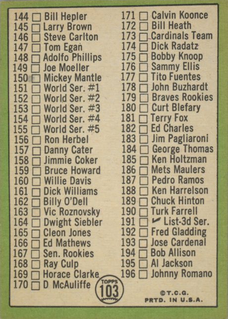 1967 Topps #103 2nd Series Checklist: 110-196 - 103b - 170 Is D McAuliffe (back)