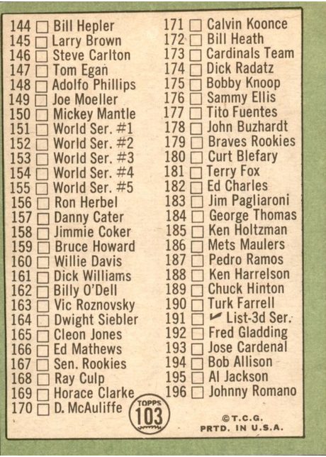 1967 Topps #103 2nd Series Checklist: 110-196 - 103a - 170 Is D.McAuliffe (back)