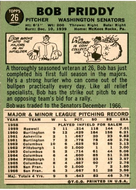 1967 Topps #26 Bob Priddy - 26a - With Trade Statement (back)