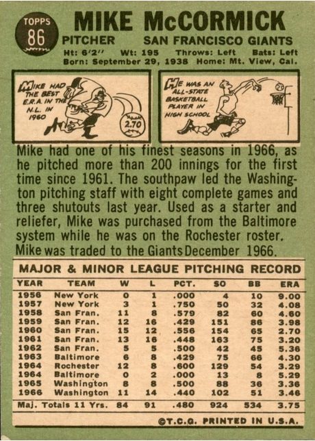 1967 Topps #86 Mike McCormick - 86a - With Trade Statement (back)