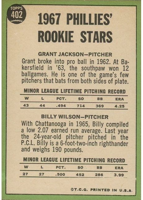1967 Topps #402 Phillies 1967 Rookie Stars - 402b - Incomplete Line (back)