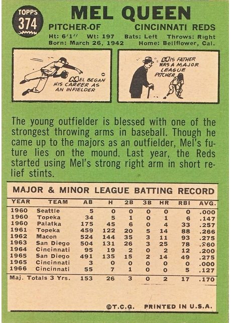 1967 Topps #374 Mel Queen - 374b - Incomplete Stat Line (back)