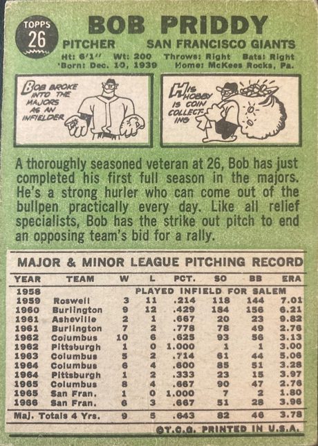 1967 Topps #26 Bob Priddy - 26b - No Trade Statement (back)