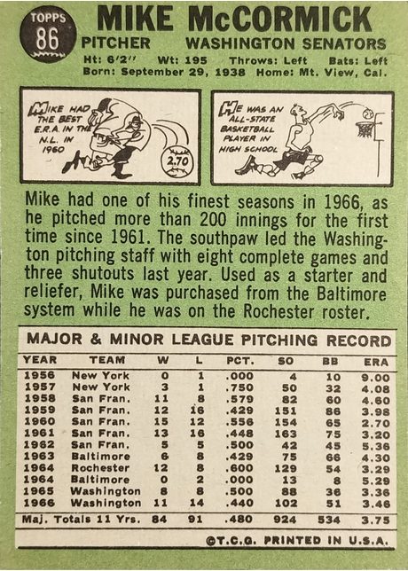 1967 Topps #86 Mike McCormick - 86b - No Trade Statement (back)