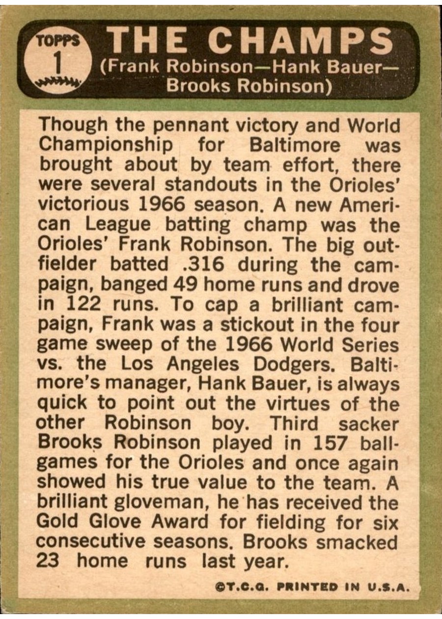 1967 Topps #1 The Champs card back