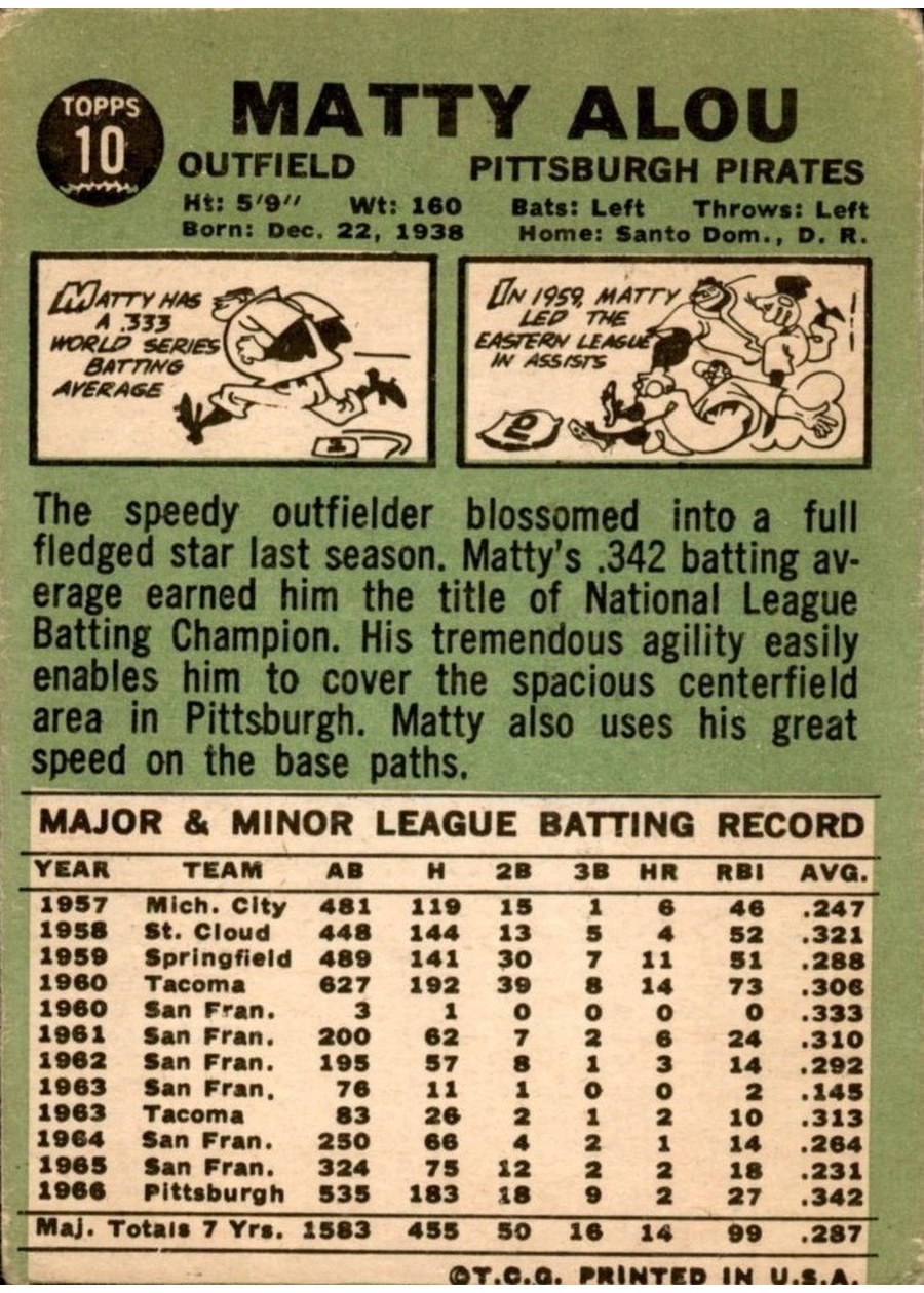 1967 Topps #10 Matty Alou card back