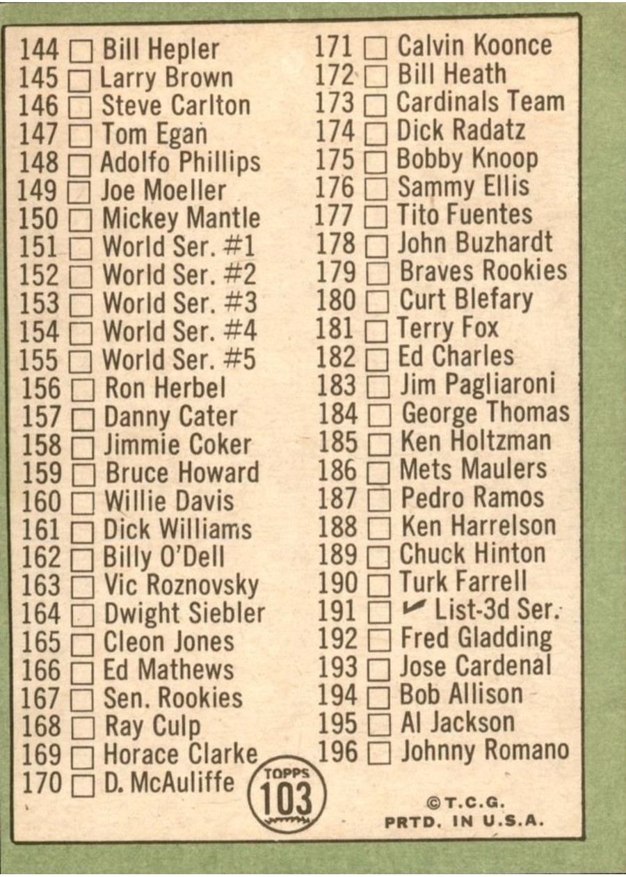 1967 Topps #103 2nd Series Checklist: 110-196 card back