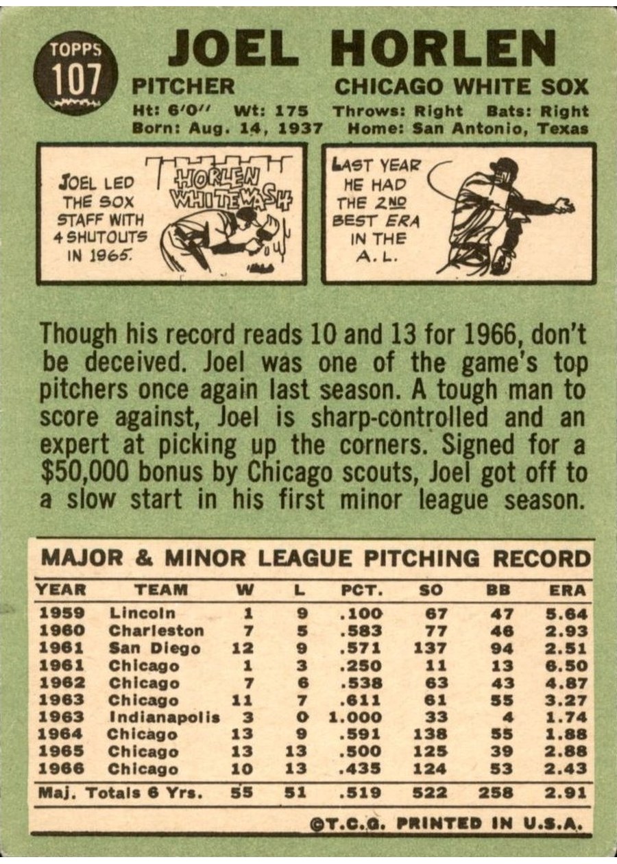 1967 Topps #107 Joel Horlen card back