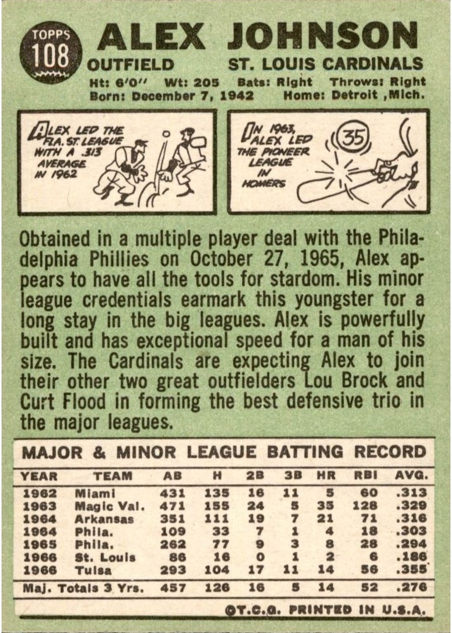 1967 Topps #108 Alex Johnson card back