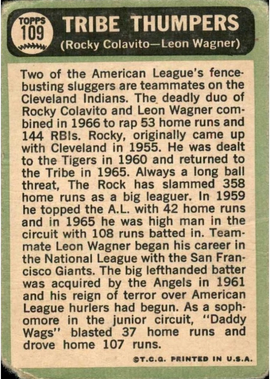 1967 Topps #109 Tribe Thumpers card back