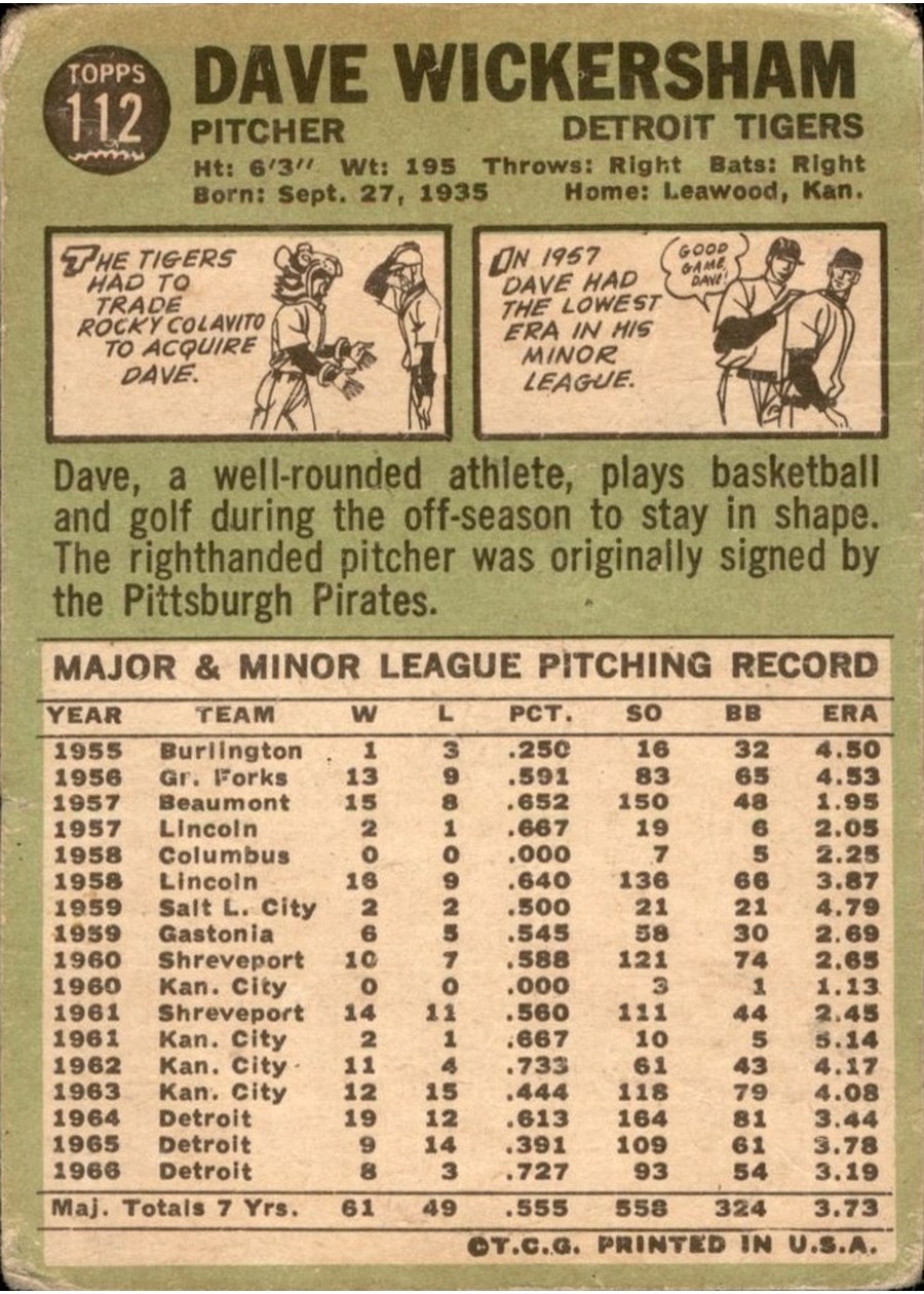 1967 Topps #112 Dave Wickersham card back