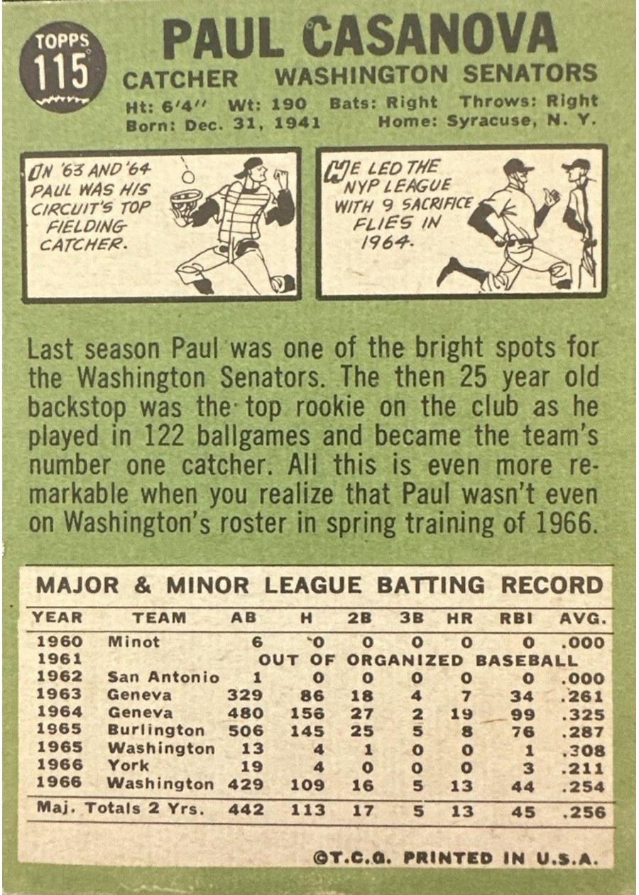 1967 Topps #115 Paul Casanova card back