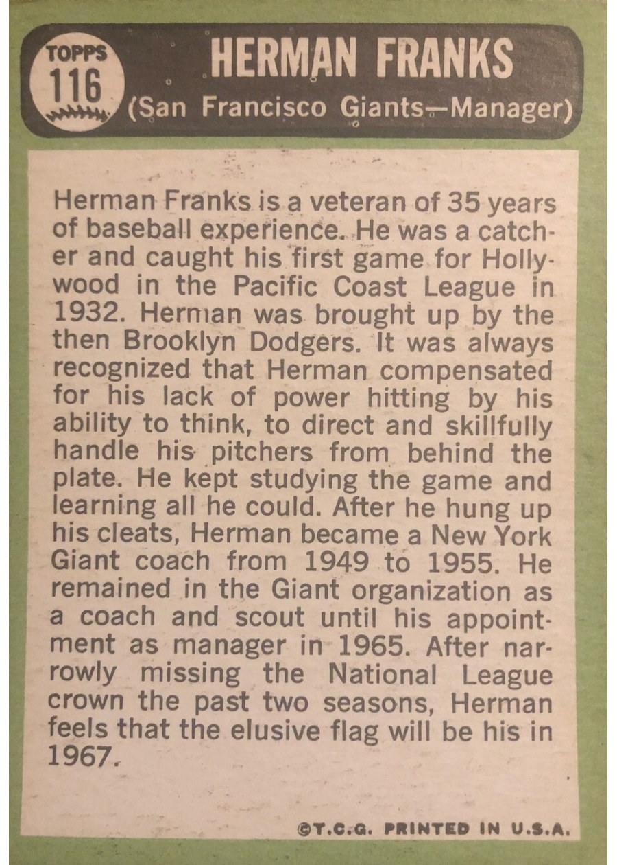 1967 Topps #116 Herman Franks card back