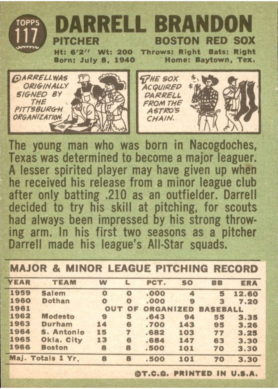 1967 Topps #117 Darrell Brandon card back