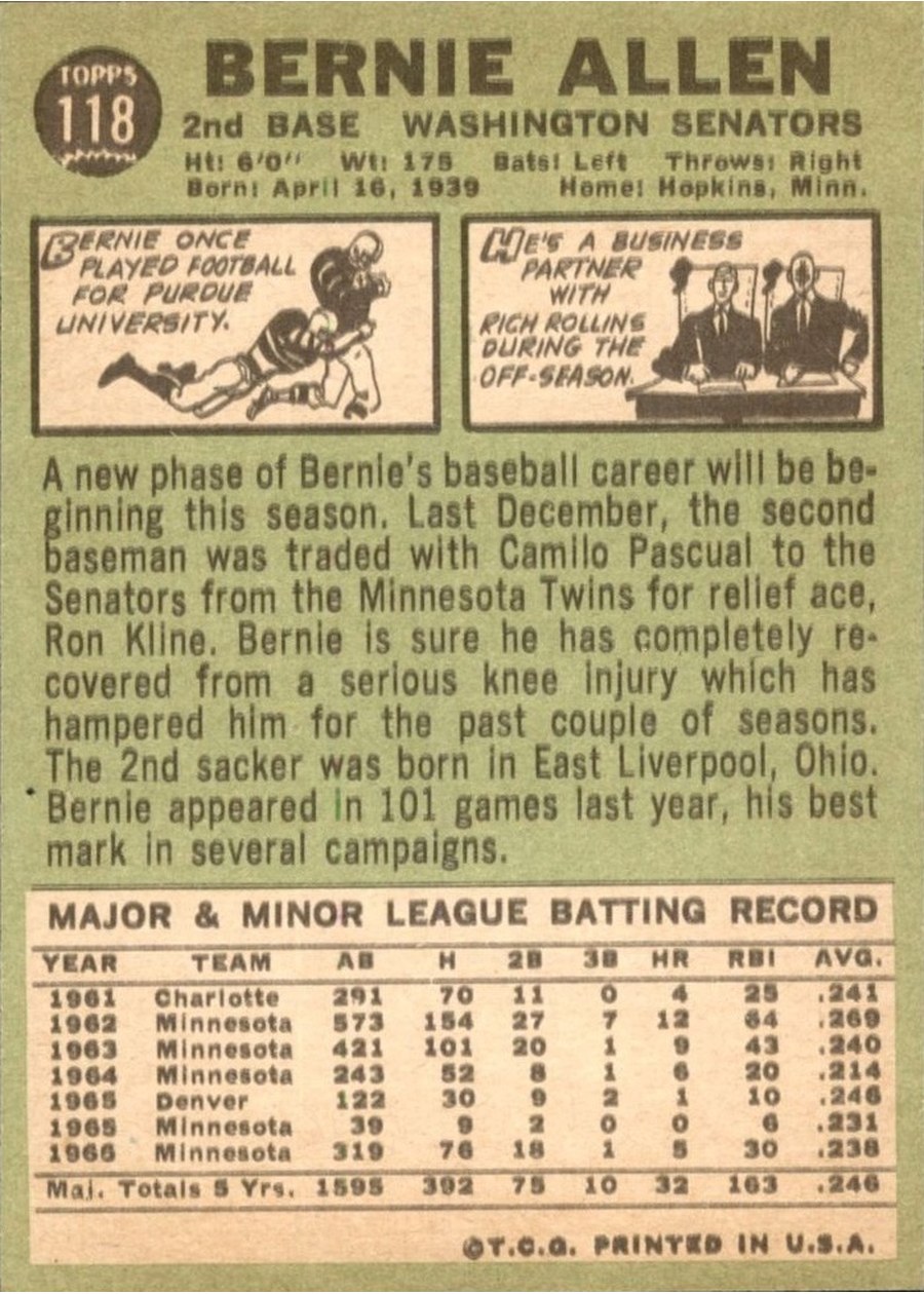 1967 Topps #118 Bernie Allen card back
