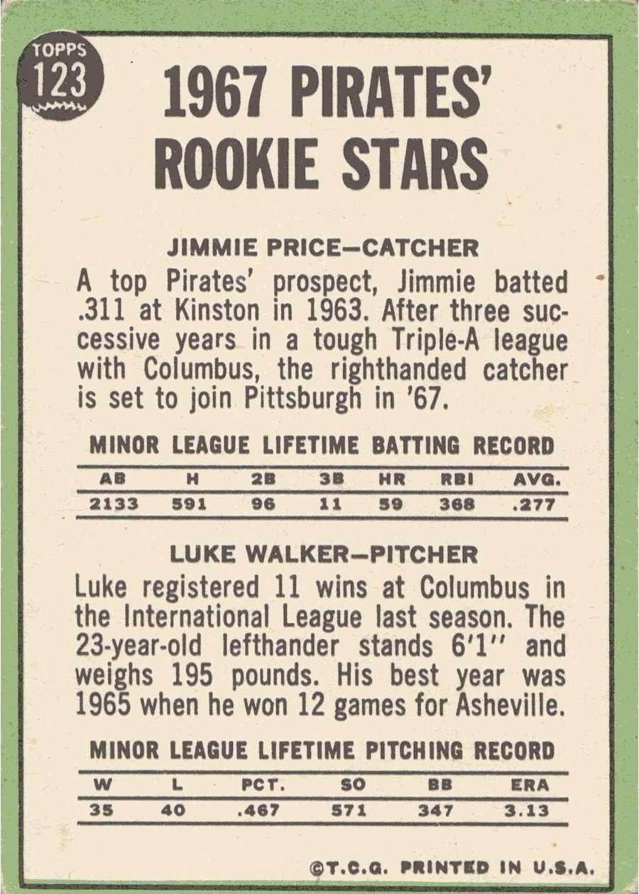 1967 Topps #123 Pirates 1967 Rookie Stars card back
