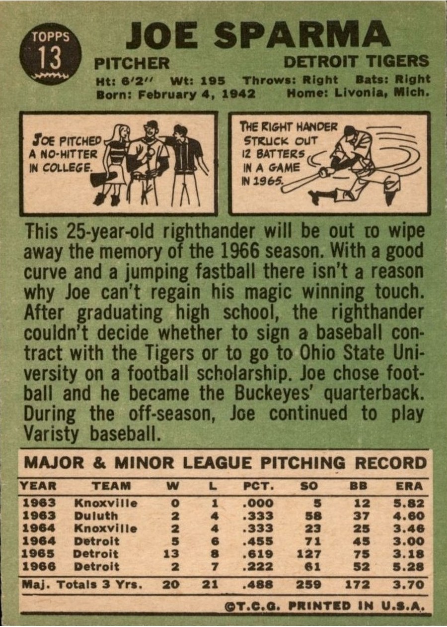 1967 Topps #13 Joe Sparma card back