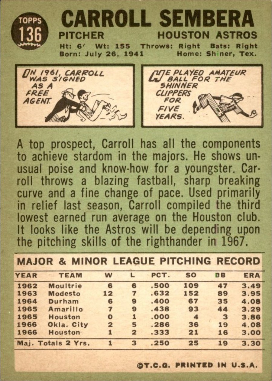 1967 Topps #136 Carroll Sembera card back