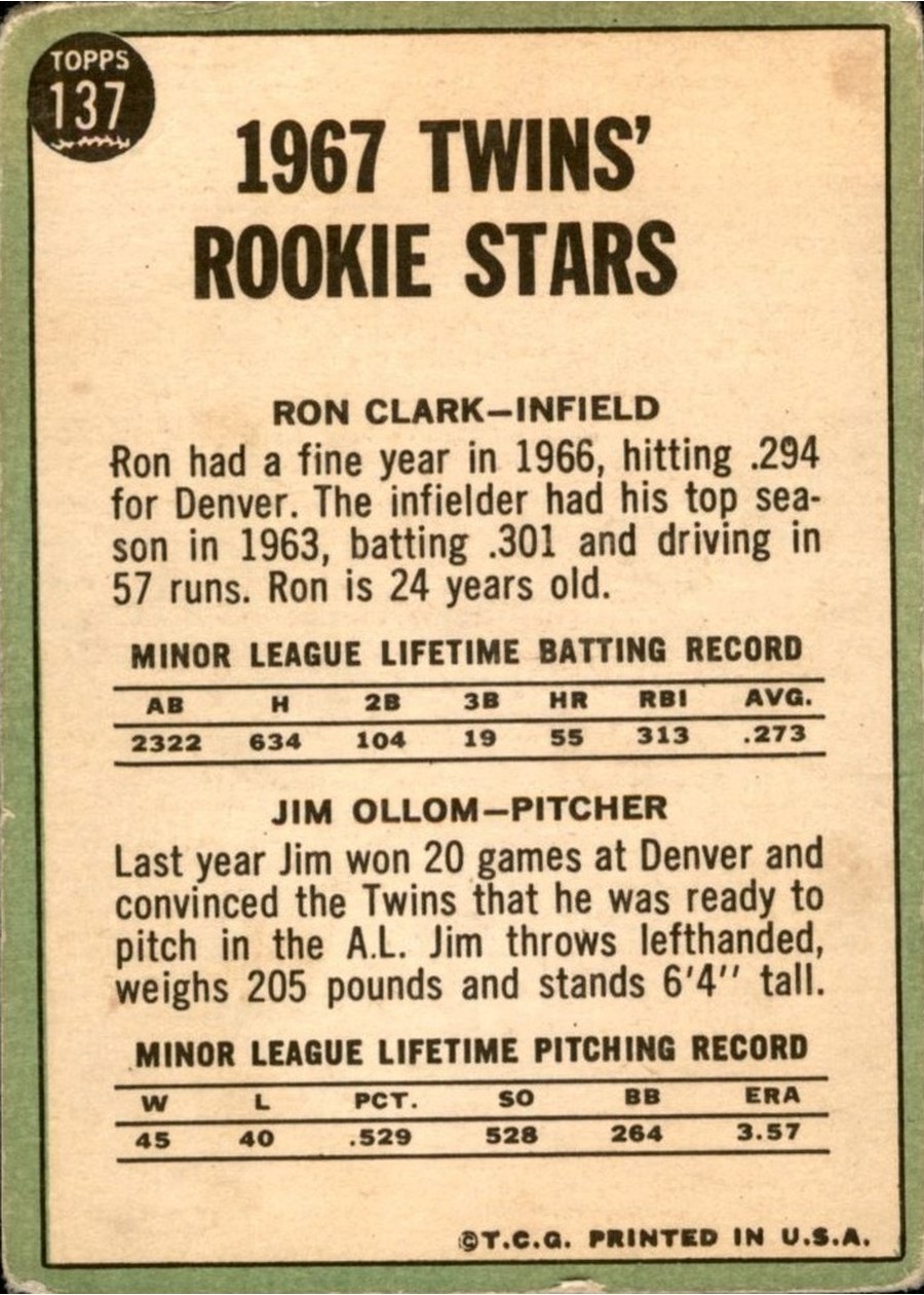 1967 Topps #137 Twins 1967 Rookie Stars card back