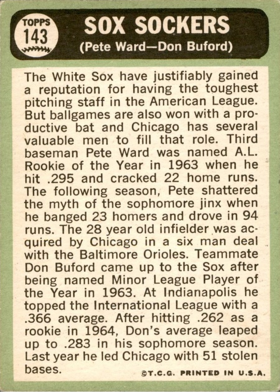 1967 Topps #143 Sox Sockers card back