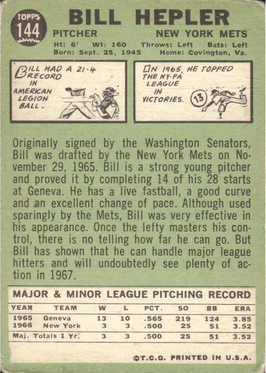 1967 Topps #144 Bill Hepler card back