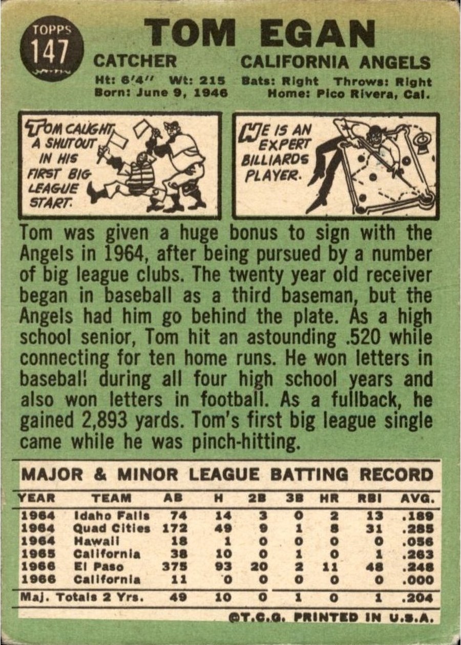 1967 Topps #147 Tom Egan card back