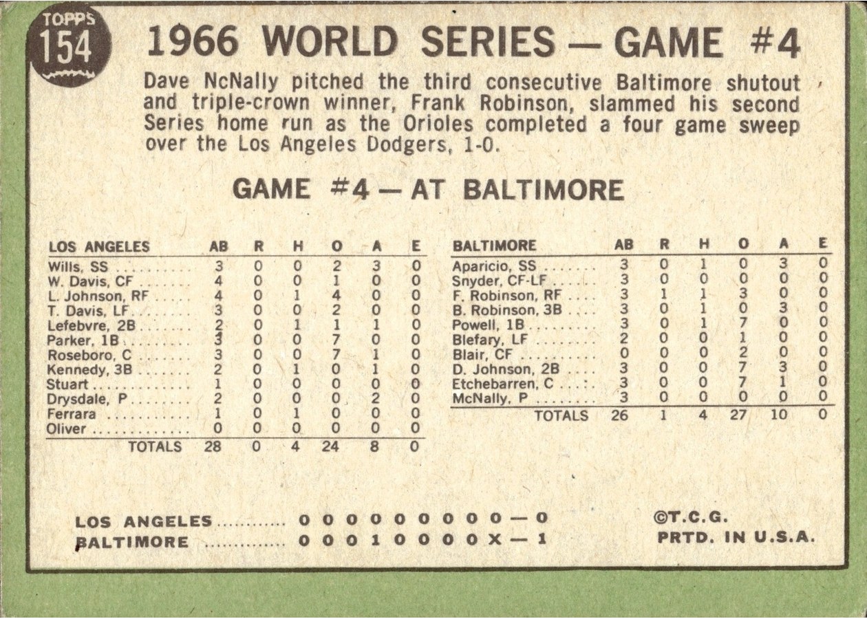 1967 Topps #154 World Series Game #4 - Orioles Win 4th Straight card back