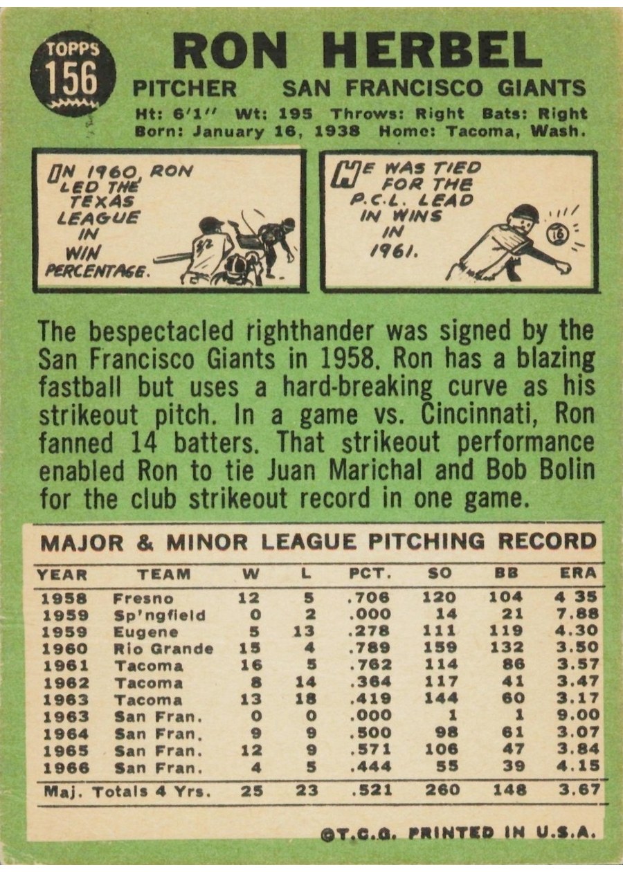 1967 Topps #156 Ron Herbel card back
