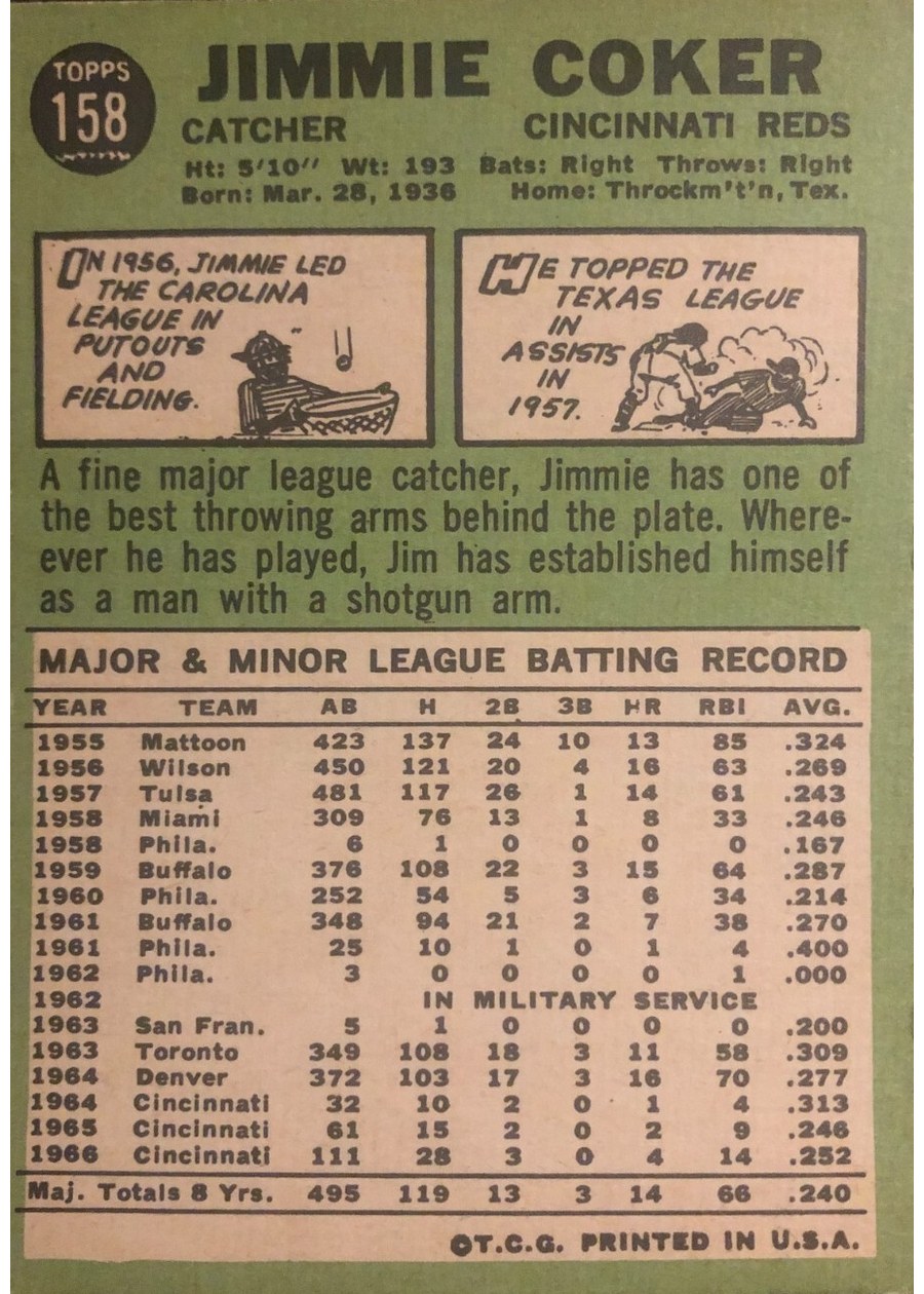 1967 Topps #158 Jimmy Coker card back