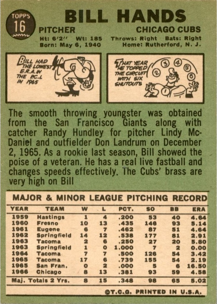1967 Topps #16 Bill Hands card back