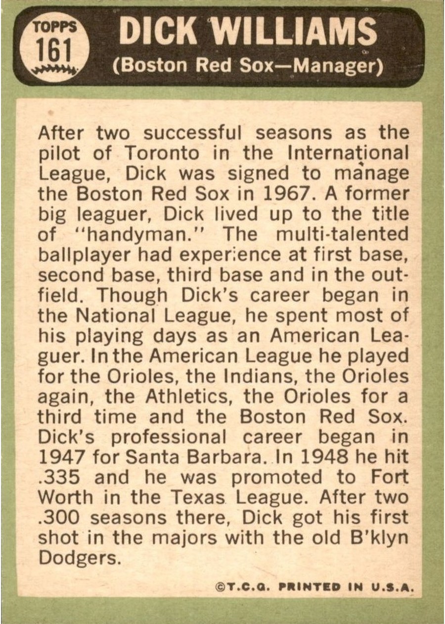 1967 Topps #161 Dick Williams card back