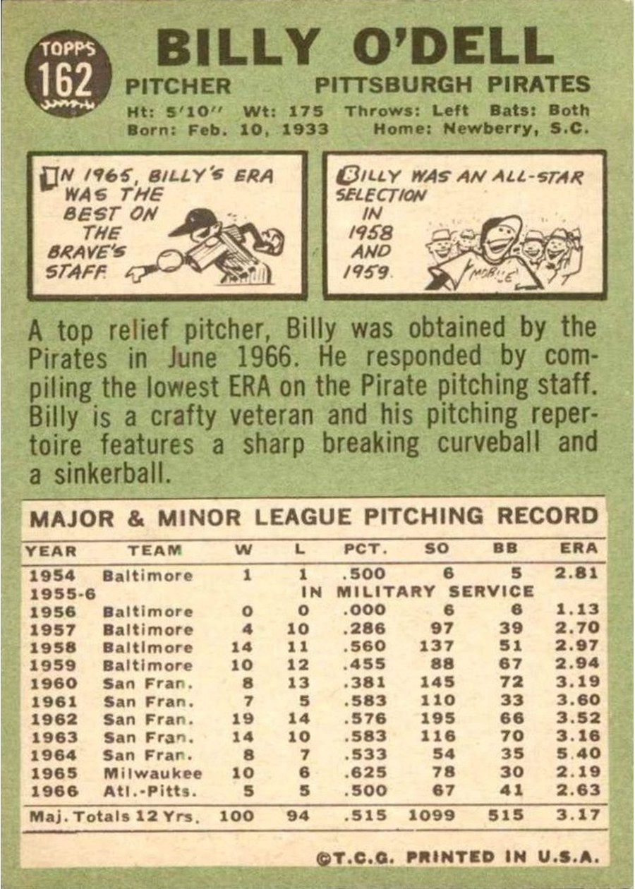 1967 Topps #162 Billy O'Dell card back