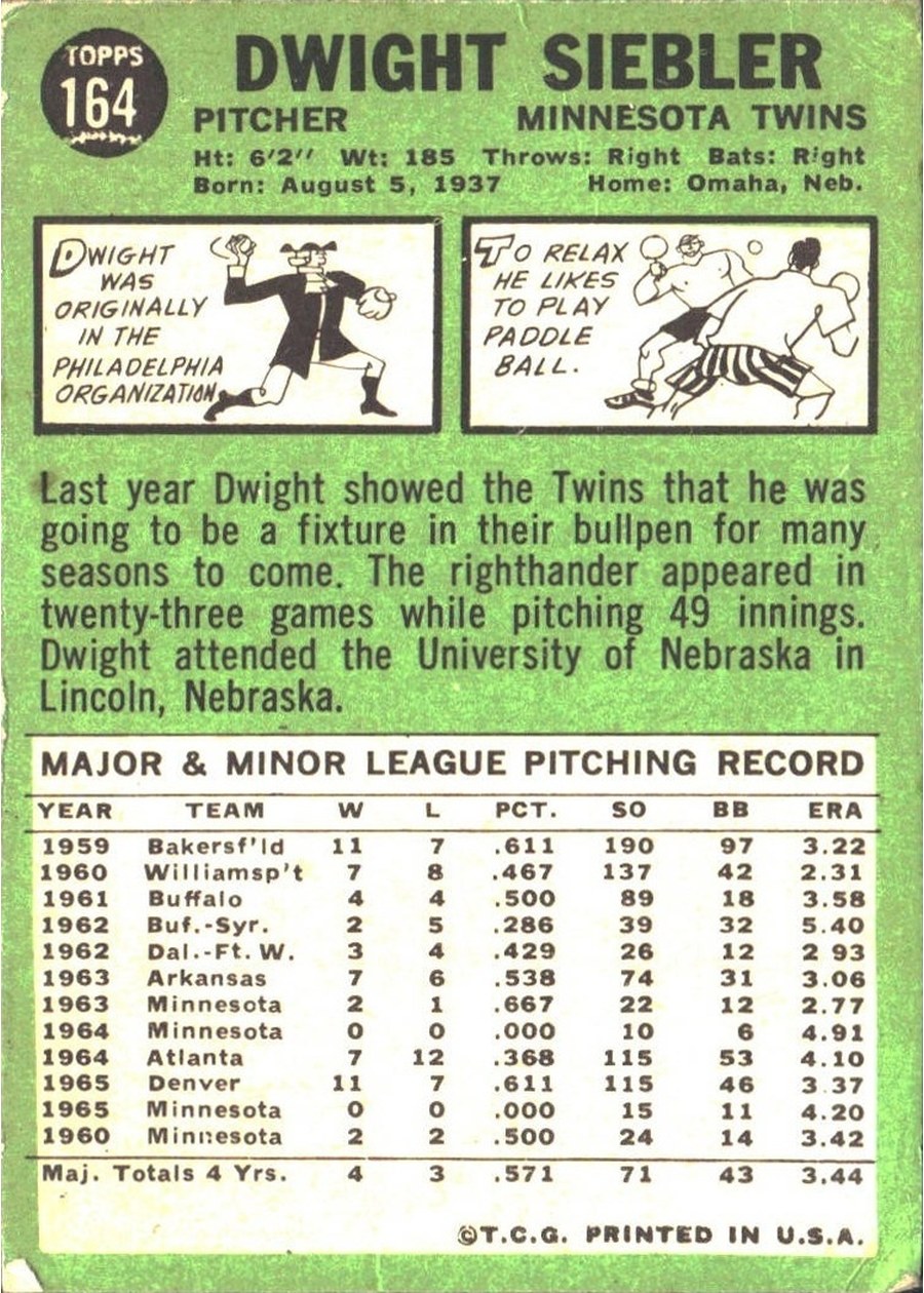 1967 Topps #164 Dwight Siebler card back
